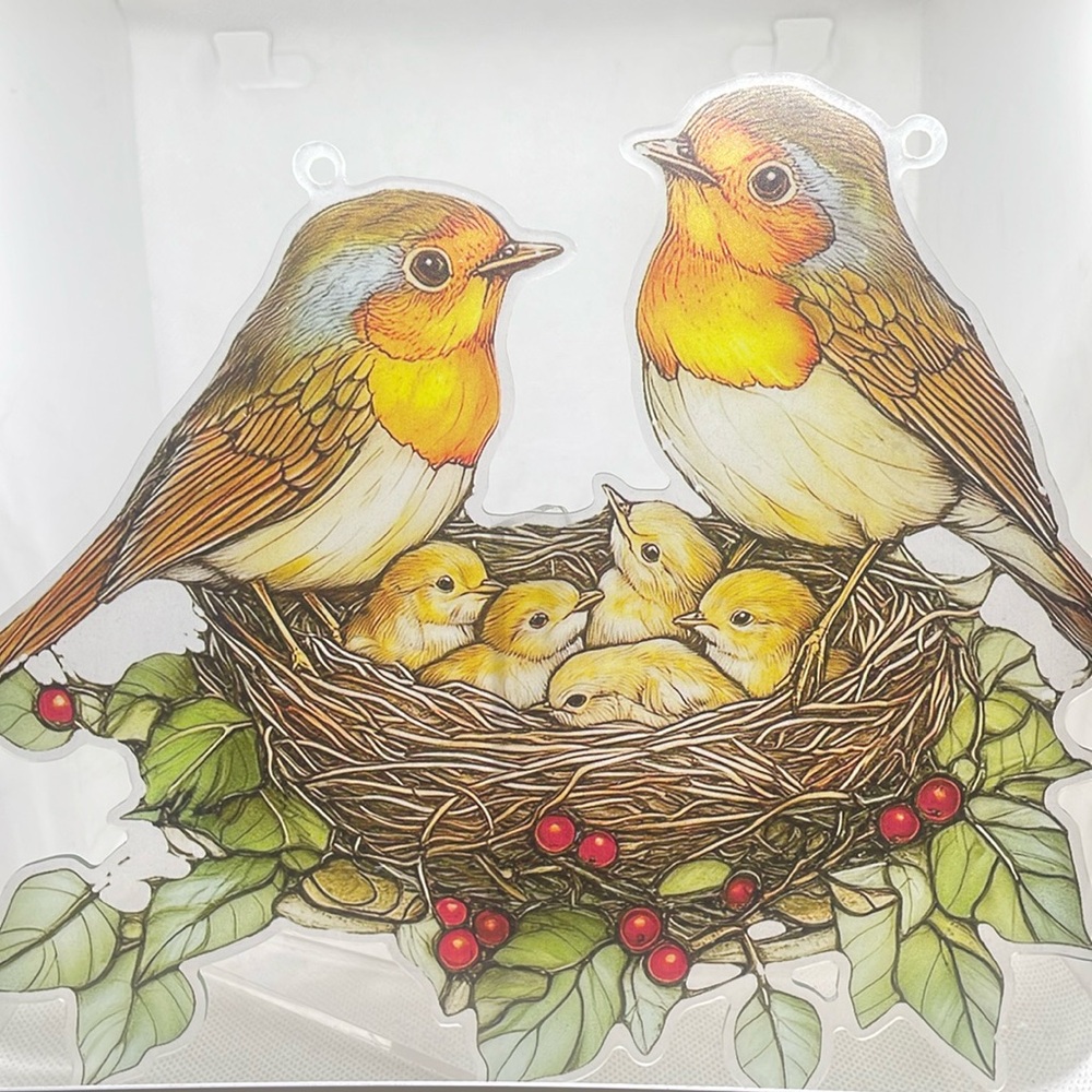 Suncatcher Yellow Birds Chicks in Nest Family Acrylic Faux Stained Glass Decor